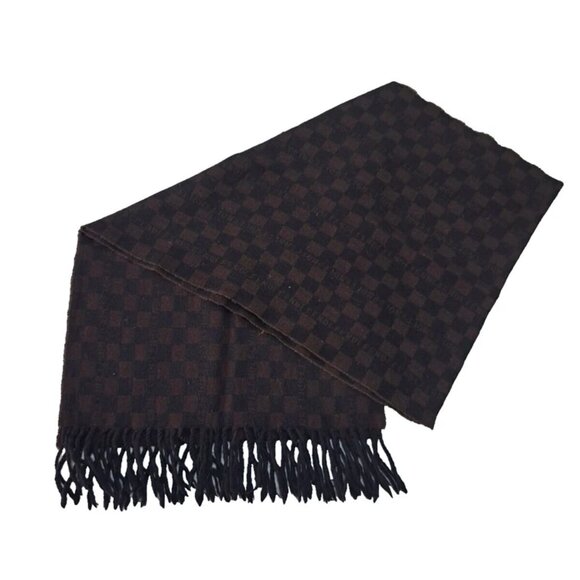 FENDI Vintage Art Knit Wool Pop Fringe Check Pattern Designer Brown SCARF - Picture 1 of 5